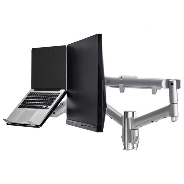 Atdec AWM Dual monitor arm solution - dynamic arms - 135mm post - Grommet - silver with a note book tray