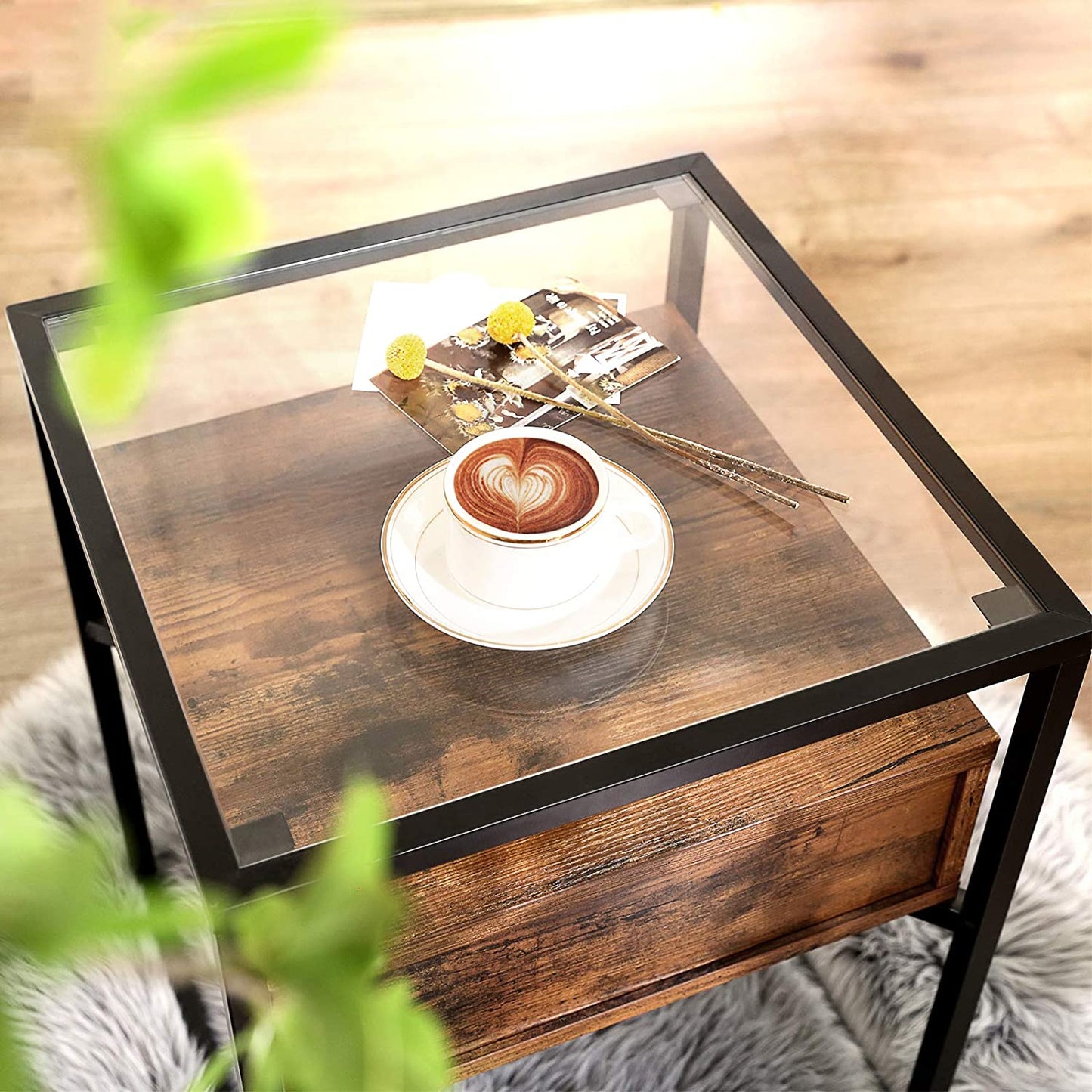 Tempered Glass End Table with Drawer and Rustic Shelf Stable Iron Frame