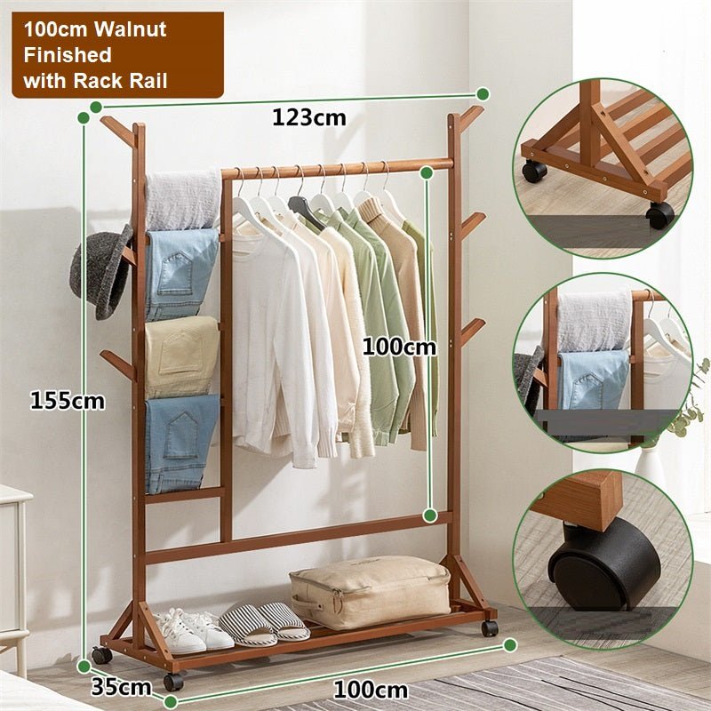 Portable Coat Stand Rack Rail Clothes Hat Garment Hanger Hook with Shelf Bamboo 9 Hook with Rack Rail Dark Brown Finished