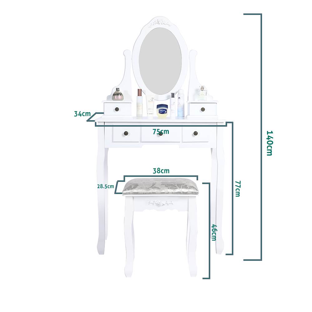 Carved Dressing Vanity Table Set with Mirror & Stool- White