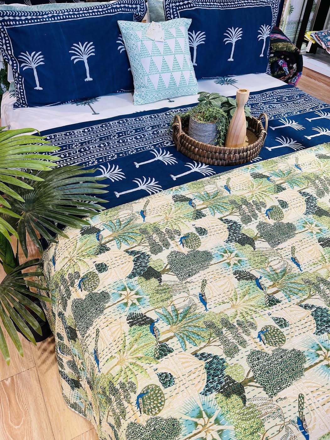 Cotton Kantha Quilt/Bedspread/Throw - Royal Jaipuri print Hand stitched Kantha