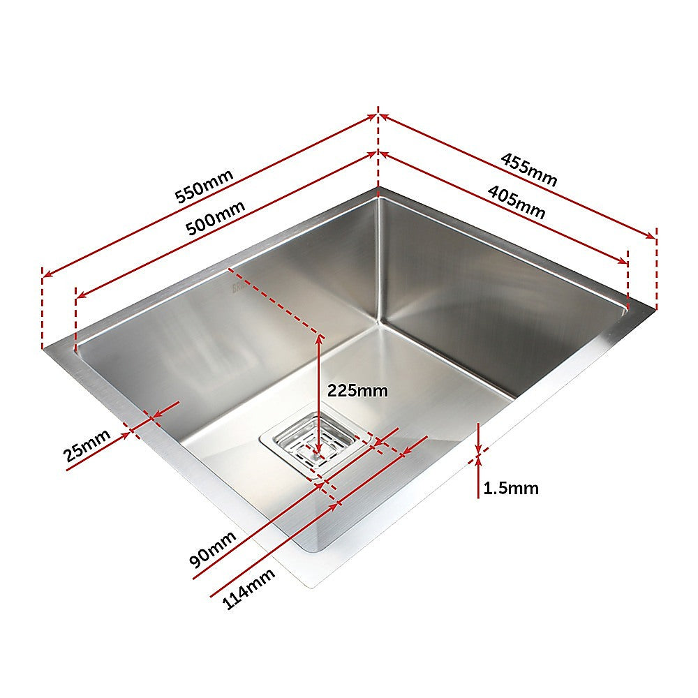 550x455mm Handmade 1.5mm Stainless Steel Undermount / Topmount Kitchen Sink with Square Waste