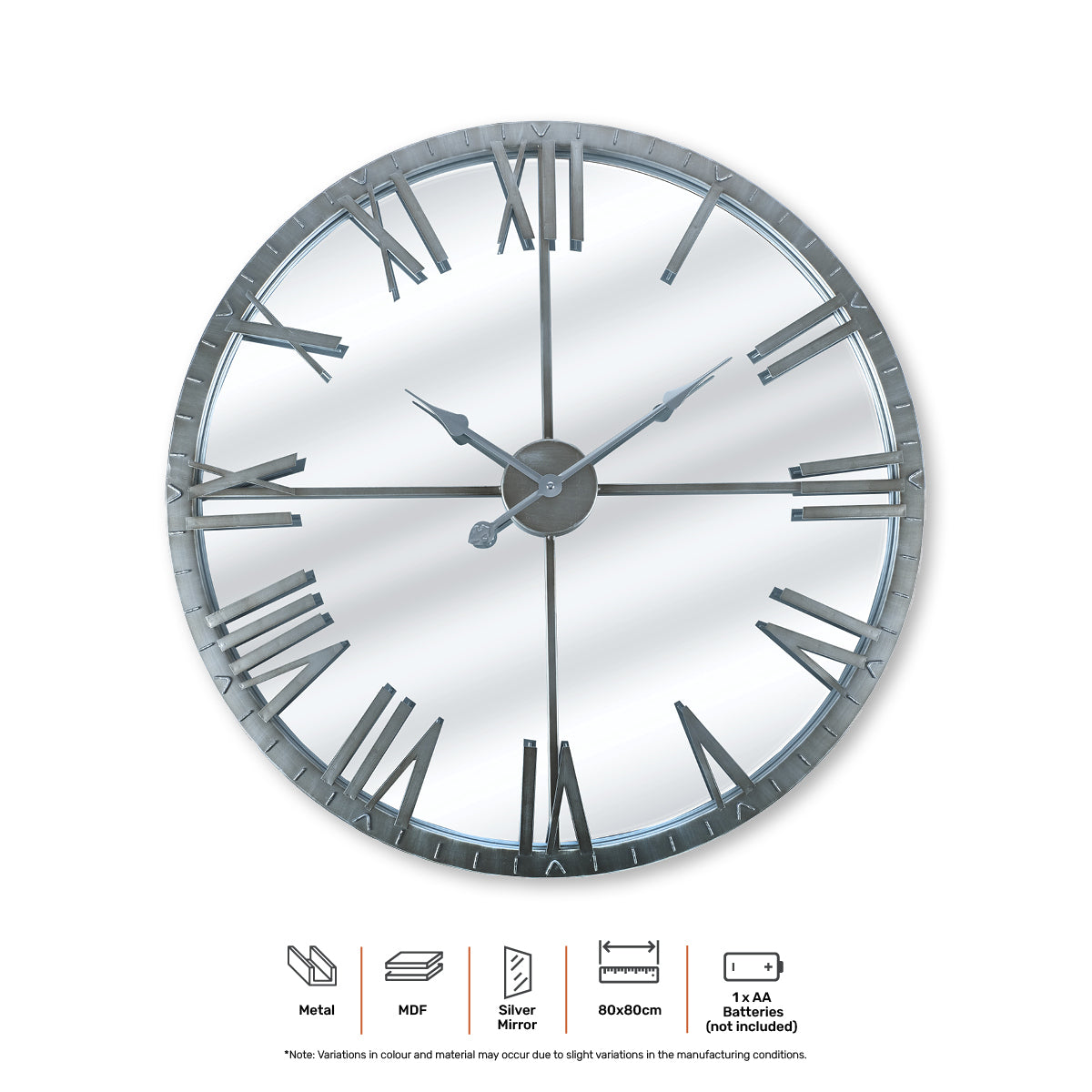 Home Master Wall Clock Roman Numerals Stylish Mirror Face Metal Accents 80cm