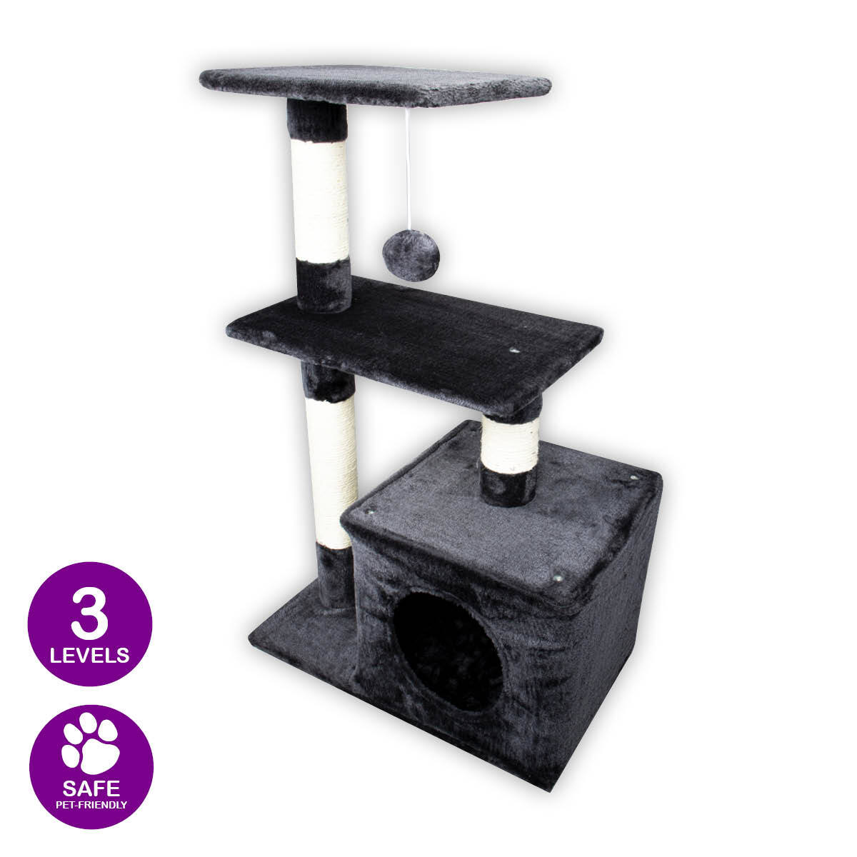 Pet Basic 3 Level Cat Scratching Tower & Playhouse Scratch 80 x 40 x 50cm
