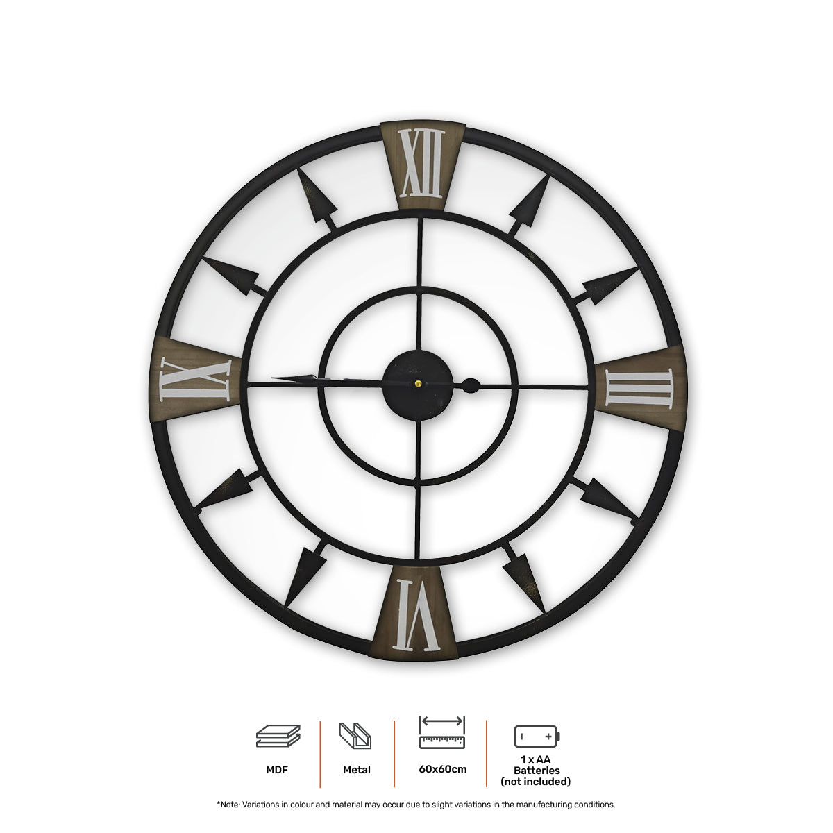 Home Master Wall Clock Antique Style Roman Numerals Metal Accents 60cm