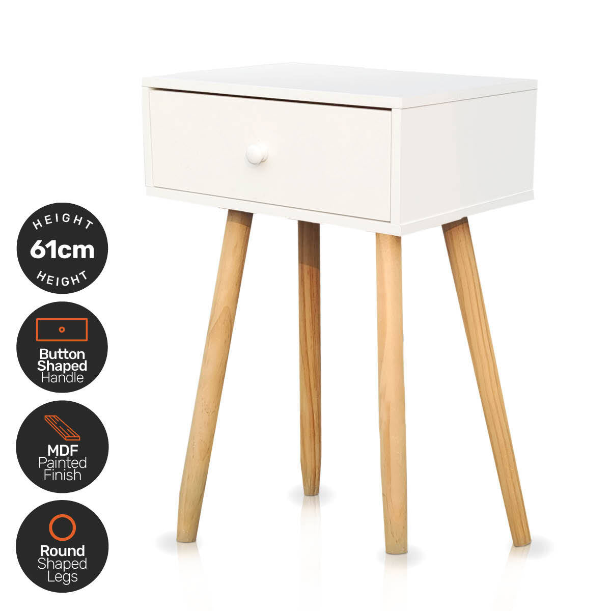 Home Master 1 Drawer Side Table Sleek Modern & Stylish Neutral Design 61cm