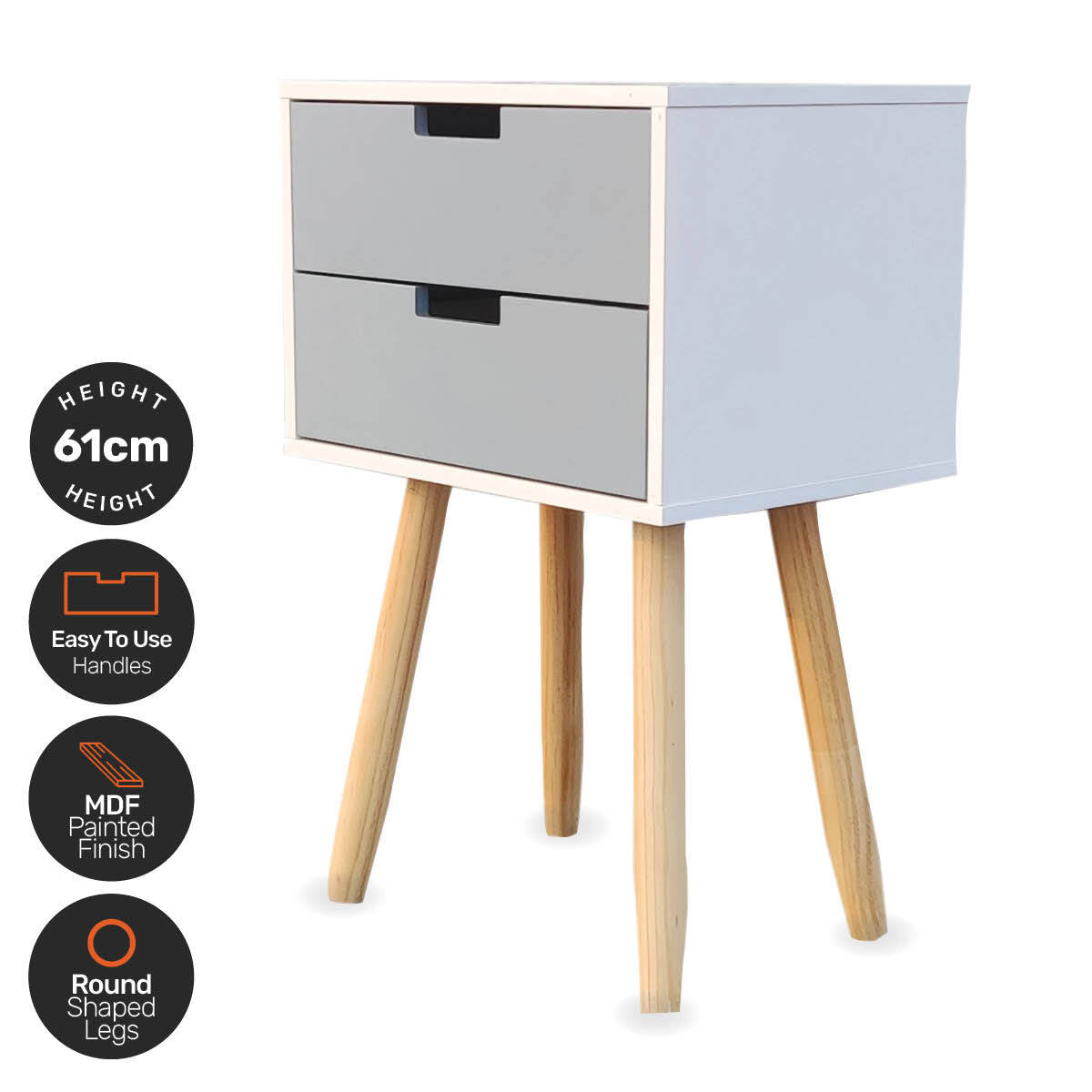Home Master 2 Drawer Side Table Modern Sleek & Stylish Neutral Design 61cm