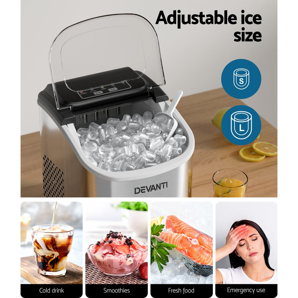 Devanti 12kg Ice Maker Machine w/Self Cleaning Portable Ice Cube Tray 2L Silver