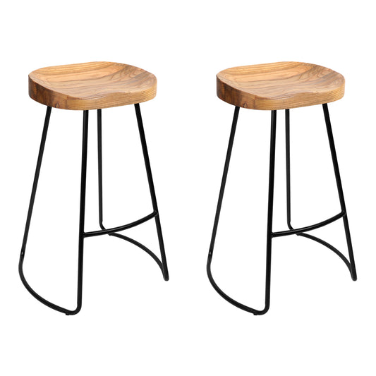 Artiss Set of 2 Elm Wood Backless Bar Stools 65cm - Black and Light Natural