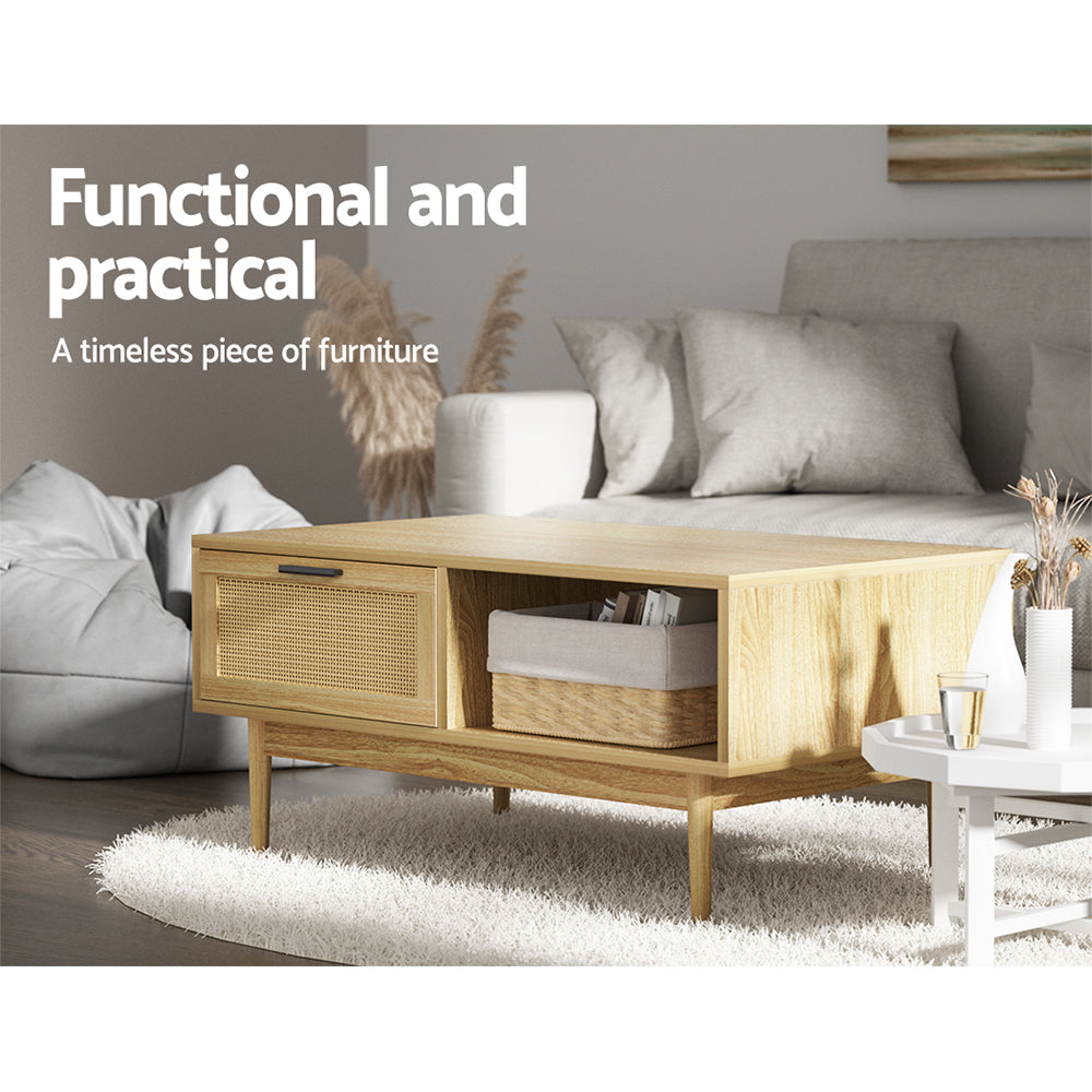 Artiss Rattan Coffee Table with Storage Drawers Shelf Modern Wooden Tables