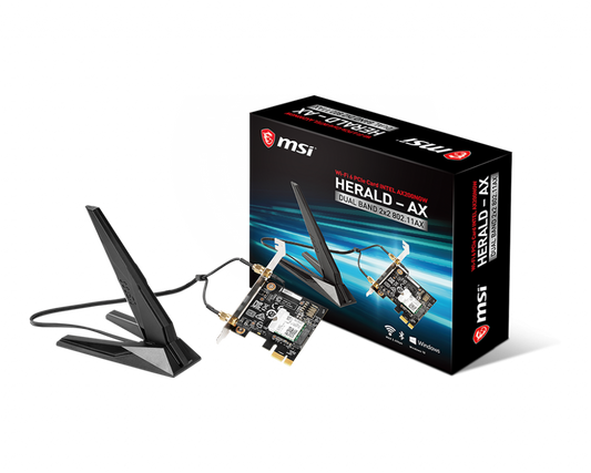 MSI HERALD-AX INTEL AX200NGW WI-FI 6 PCI-E Adapter, PCI-E x1, Bluetooth 5, 2.4 GHz/5 GHz Frequency, 2.4 Gbps Max Speed