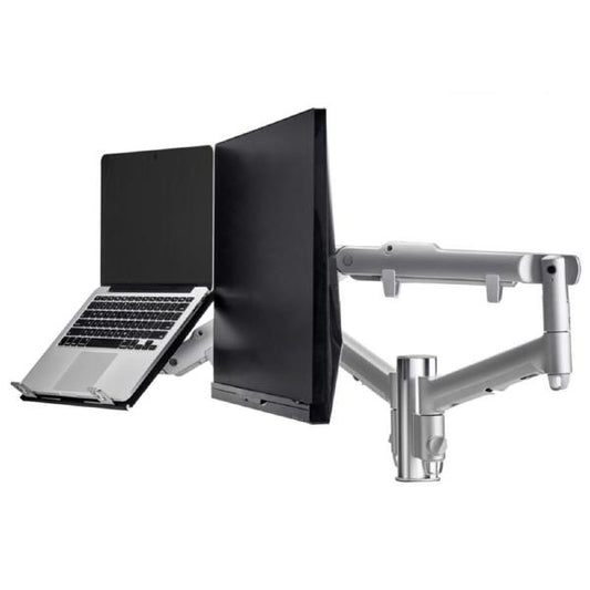 Atdec AWM Dual monitor arm solution - dynamic arms  - 135mm post - Grommet - silver with a note book tray