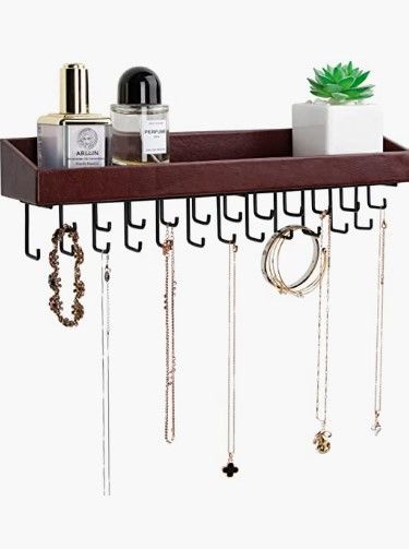 Wall Mount Hanging Jewellery Organiser Holder with 23 Hooks (Brown)