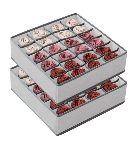 Set of 2 Fabric Drawer Organizer Divider Storage Boxes for Storing Socks, Underwear, Ties, Scarves (Grey)