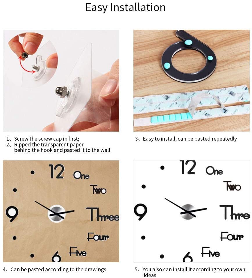 DIY Wall Clock Modern Frameless Large 3D Wall Watch Giant Roman Numerals for Home Living Room and Bedroom (Large)