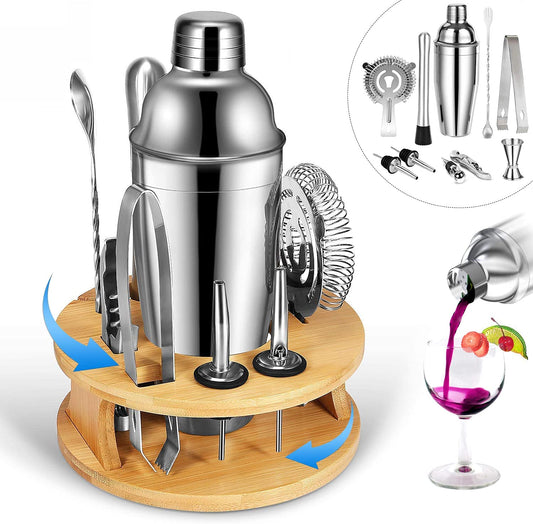 Cocktail Shaker Set Bartender Kit with Rotating Bamboo and 10-Piece Stainless Steel Bar Tool Set
