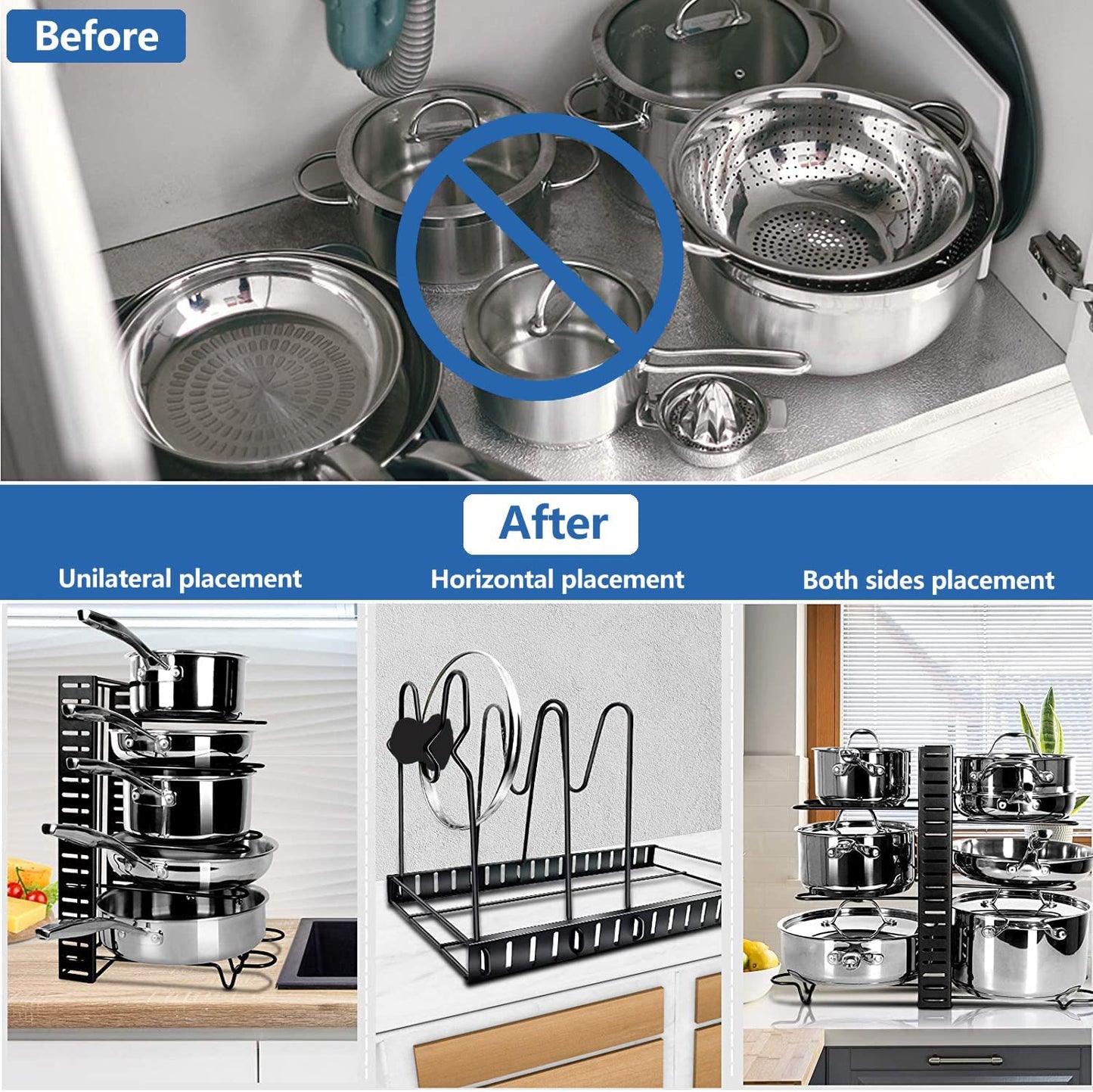 8 Pots and Pans Holder Adjustable Organizer Under Cabinet (Upgraded Version)