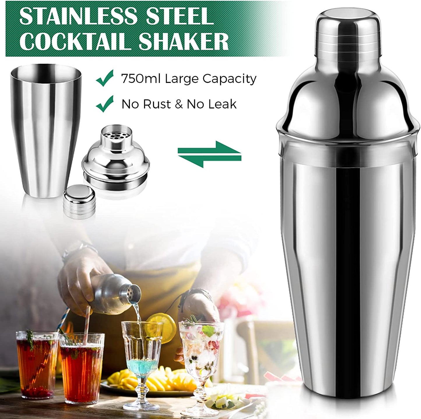 Cocktail Shaker Set Bartender Kit with Bamboo frame and 10 Pieces Stainless Steel Bar Tool Set