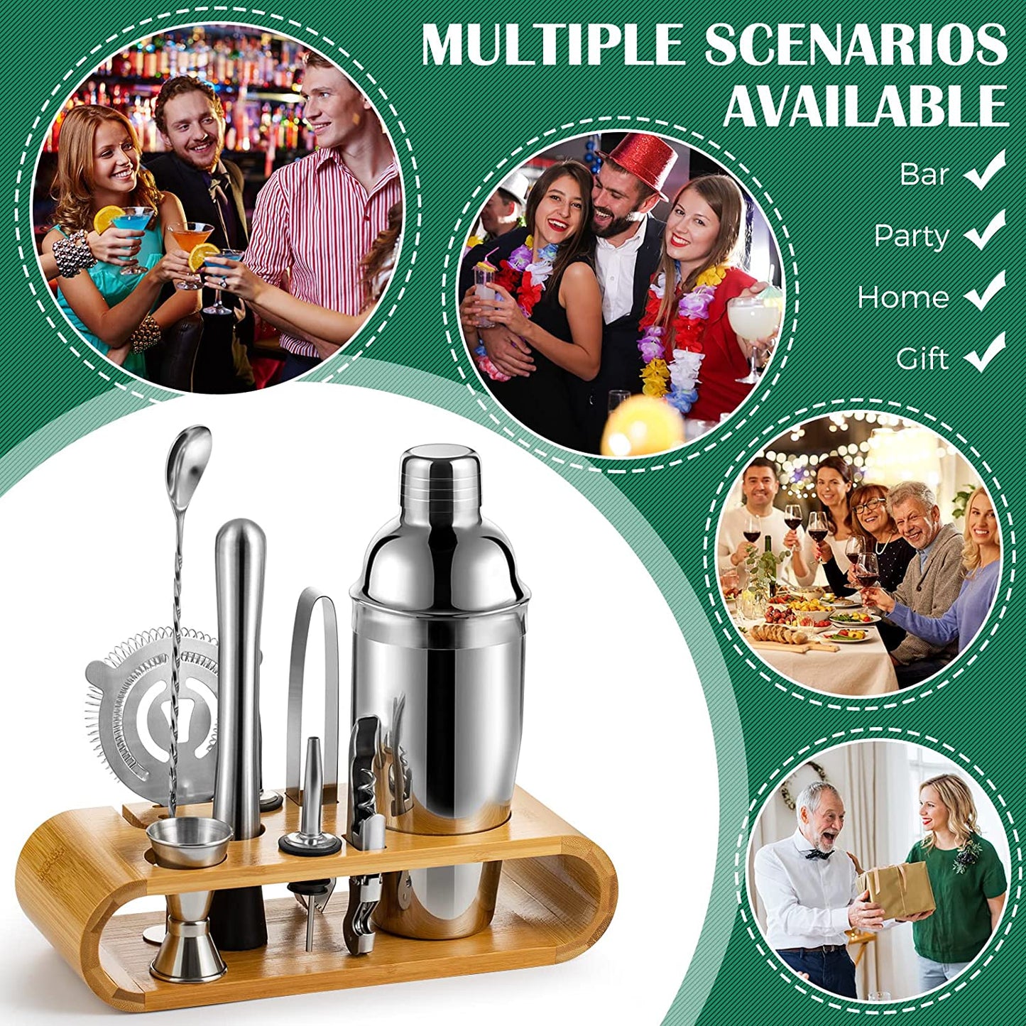 Cocktail Shaker Set Bartender Kit with Bamboo frame and 10 Pieces Stainless Steel Bar Tool Set