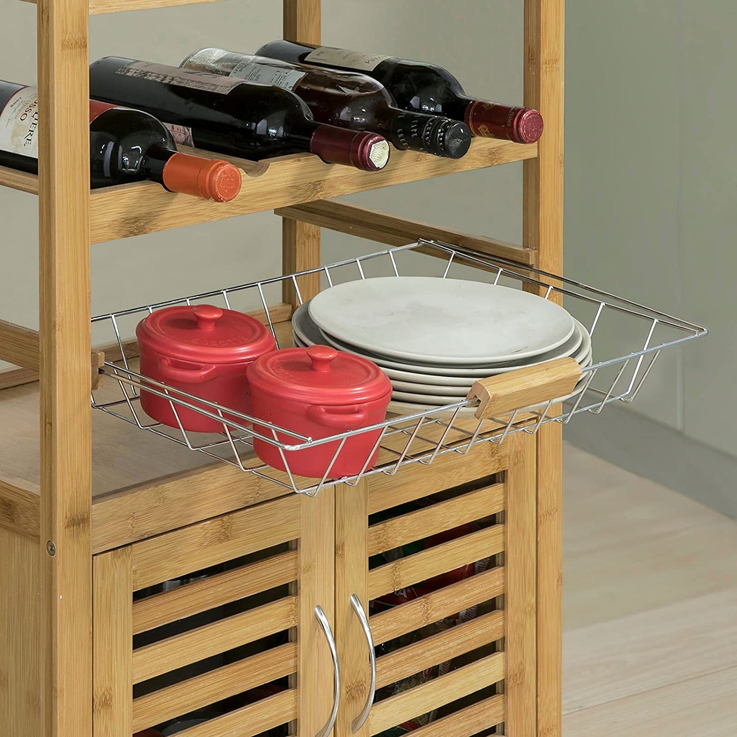 Bamboo Kitchen Storage Trolley with Wine Rack