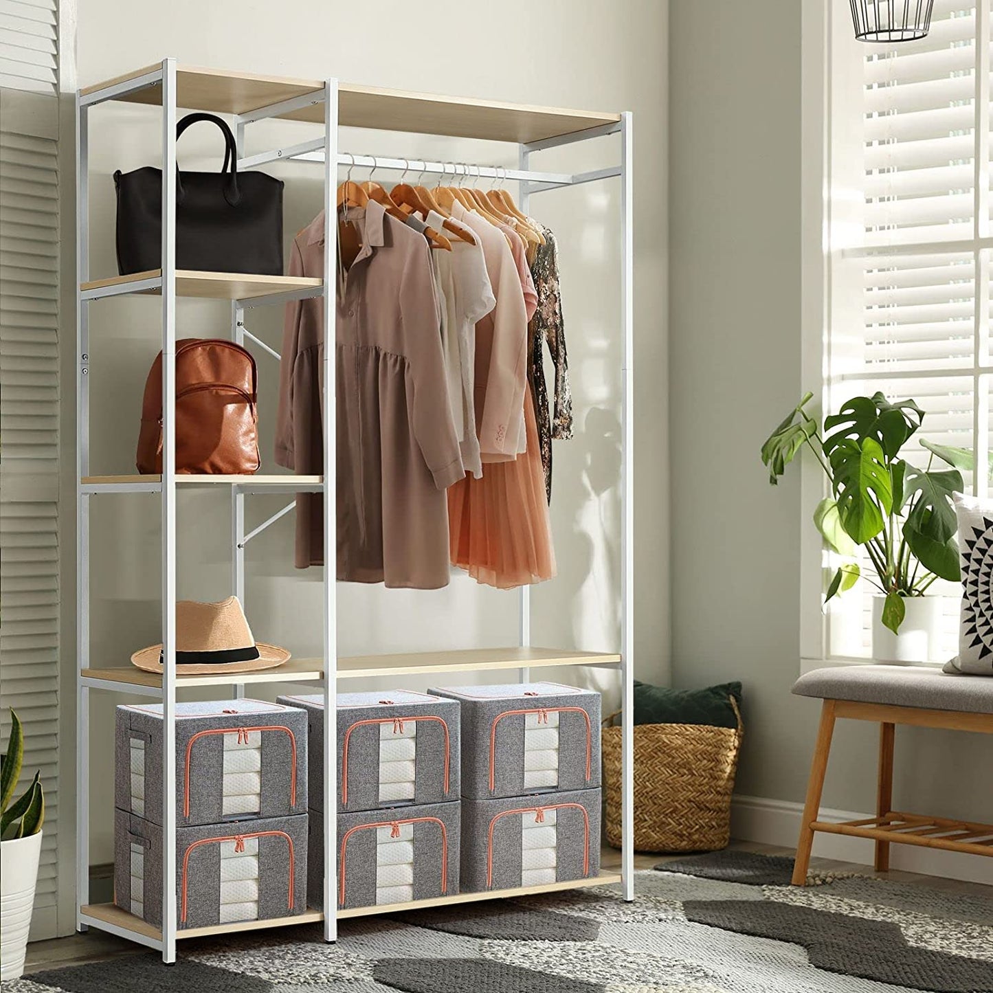 Industrial Garment Coat Rack Hanger Organizer and Shoe Storage (White)