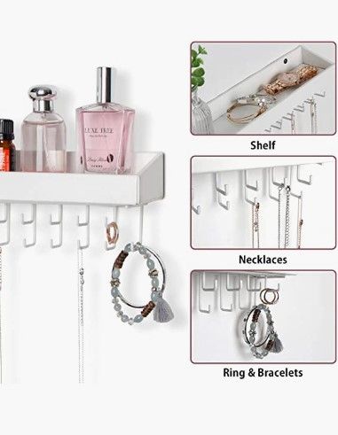 Wall Mount Hanging Jewellery Organiser Holder with 23 Hooks (White)