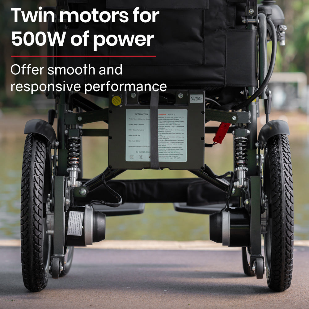 EQUIPMED Electric Folding Wheelchair, Folding, XL Wide Seat, Long Range, Lithium Battery, Black/Grey