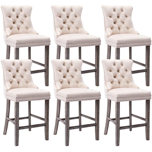 6X Velvet Bar Stools with Studs Trim Wooden Legs Tufted Dining Chairs Kitchen