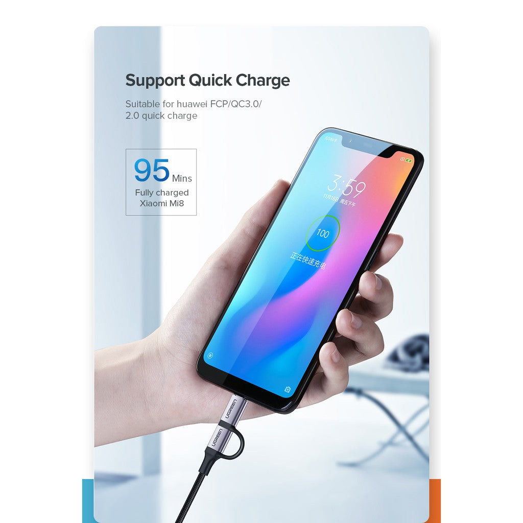 UGREEN USB-A to Micro USB + USB-C Cable 1m Black 30875