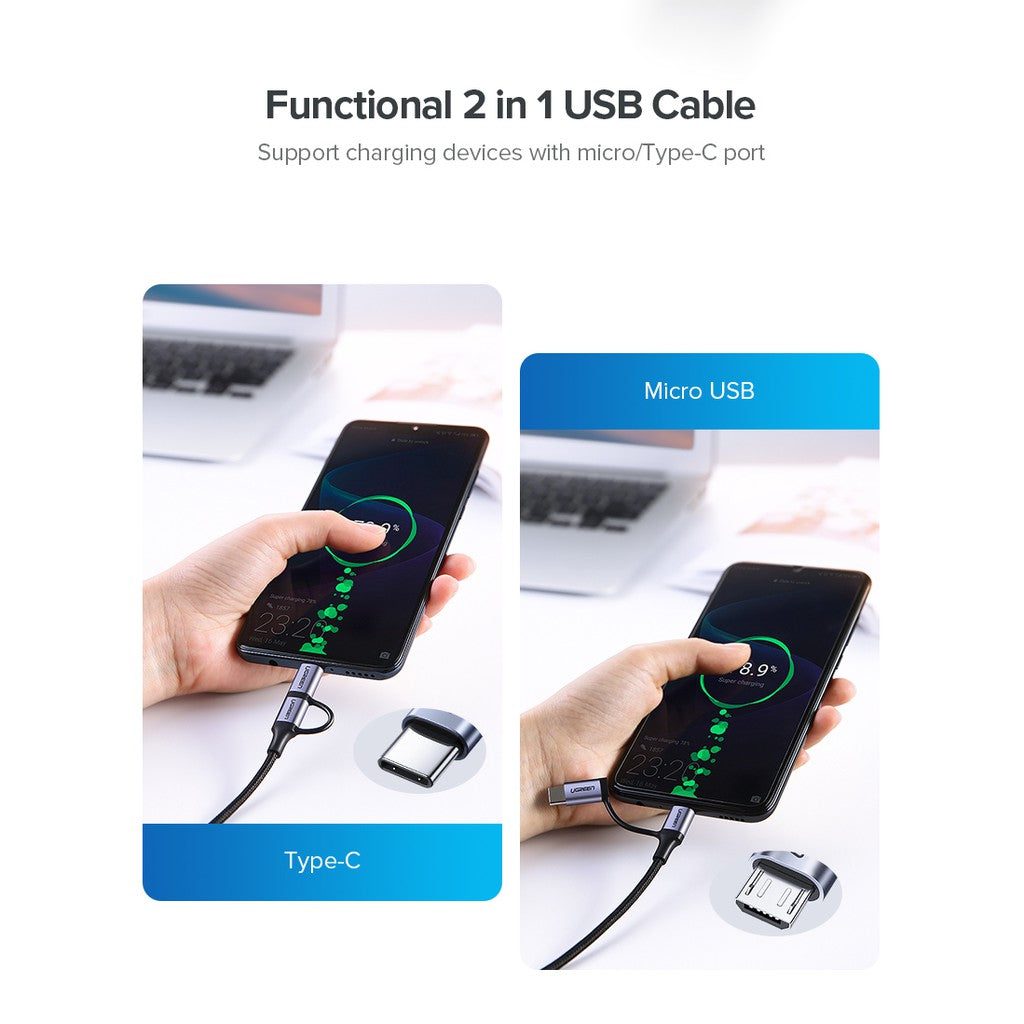UGREEN USB-A to Micro USB + USB-C Cable 1m Black 30875