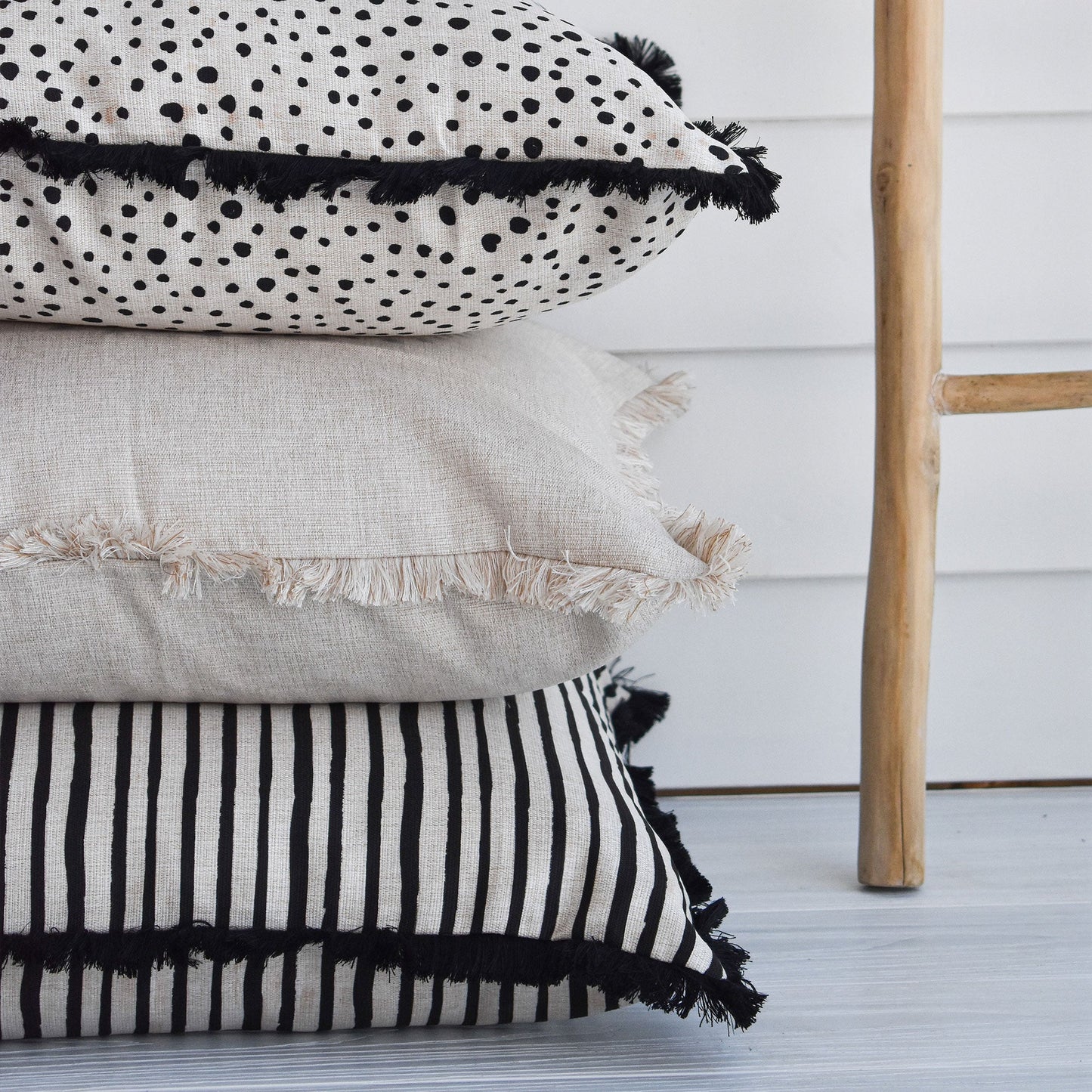 Cushion Cover-Coastal Fringe Black-Paint Stripes-35cm x 50cm