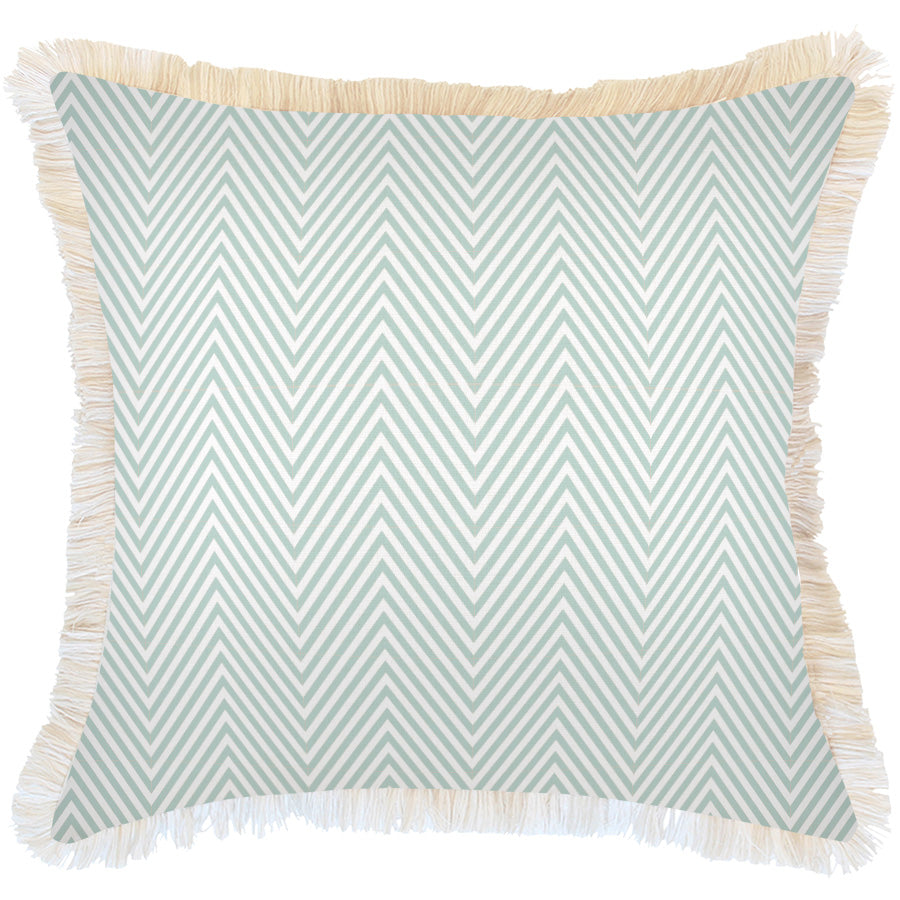 Cushion Cover-Coastal Fringe Natural-Zig Zag Pale Mint-60cm x 60cm