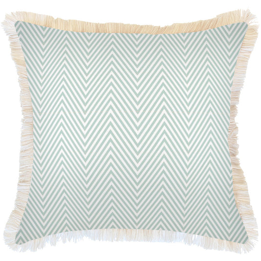 Cushion Cover-Coastal Fringe Natural-Zig Zag Pale Mint-60cm x 60cm