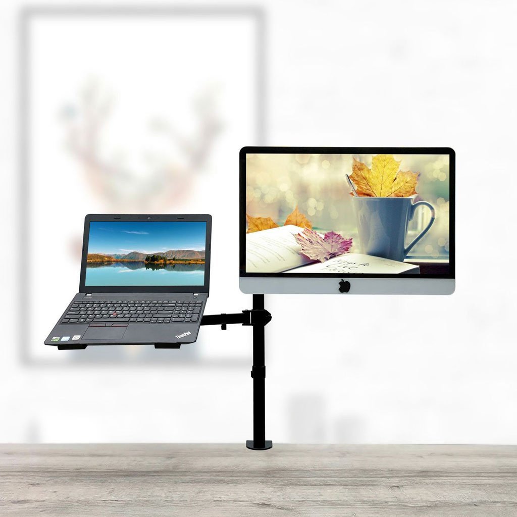 Premium Double Joint Articulating Steel Monitor Mount Arm with Laptop Holder Fit 32" Monitors 8kg Screen