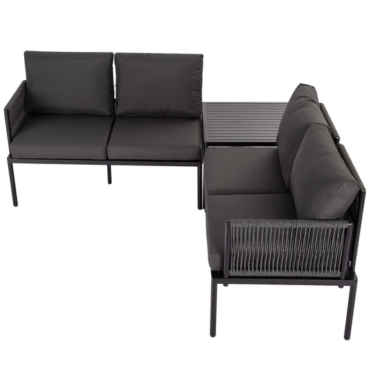 Eden 4-Seater Outdoor Lounge Set with Coffee Table in Black – Stylish Textile and Rope Design