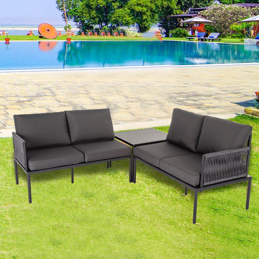 Eden 4-Seater Outdoor Lounge Set with Coffee Table in Black – Stylish Textile and Rope Design