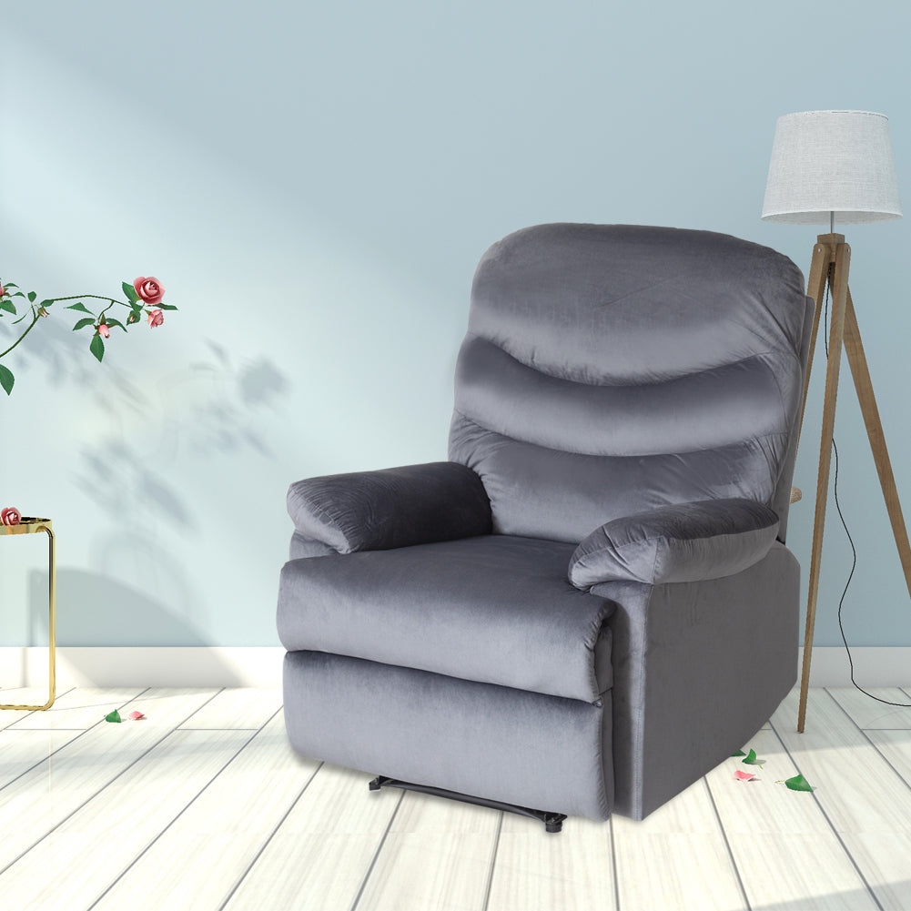 Wide Manual Single Recliner Sofa &#8211; Velvet Grey