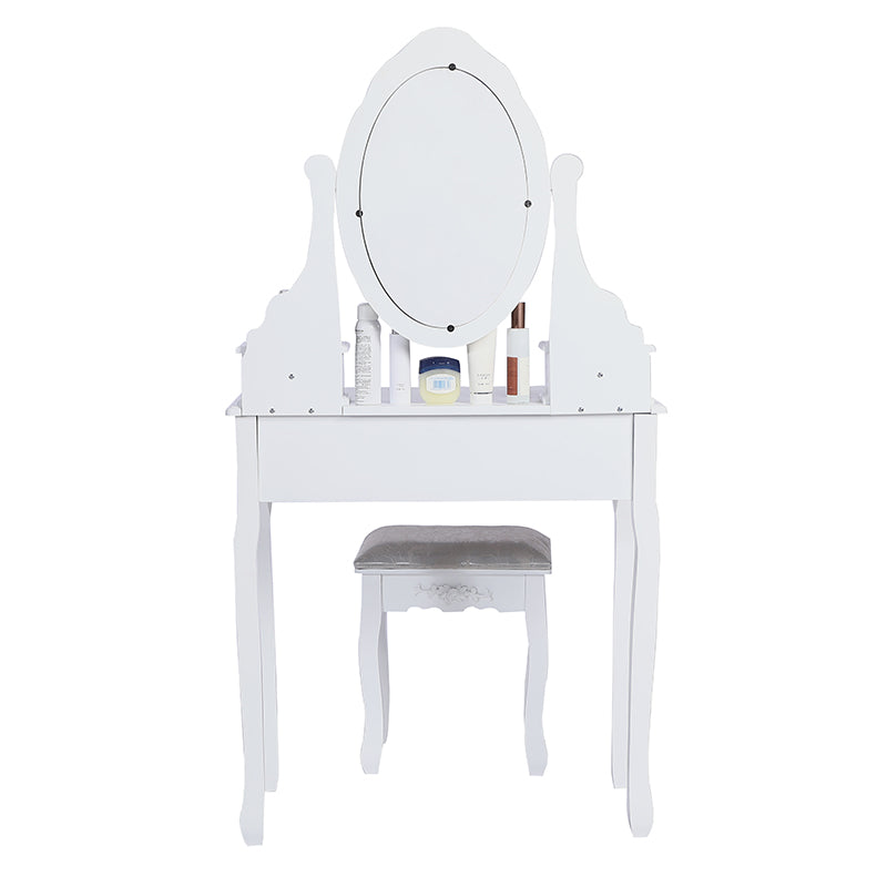 Carved Dressing Vanity Table Set with Mirror & Stool- White