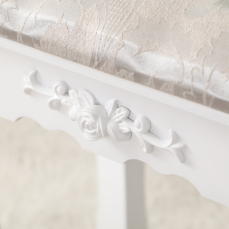 Carved Dressing Vanity Table Set with Mirror & Stool- White