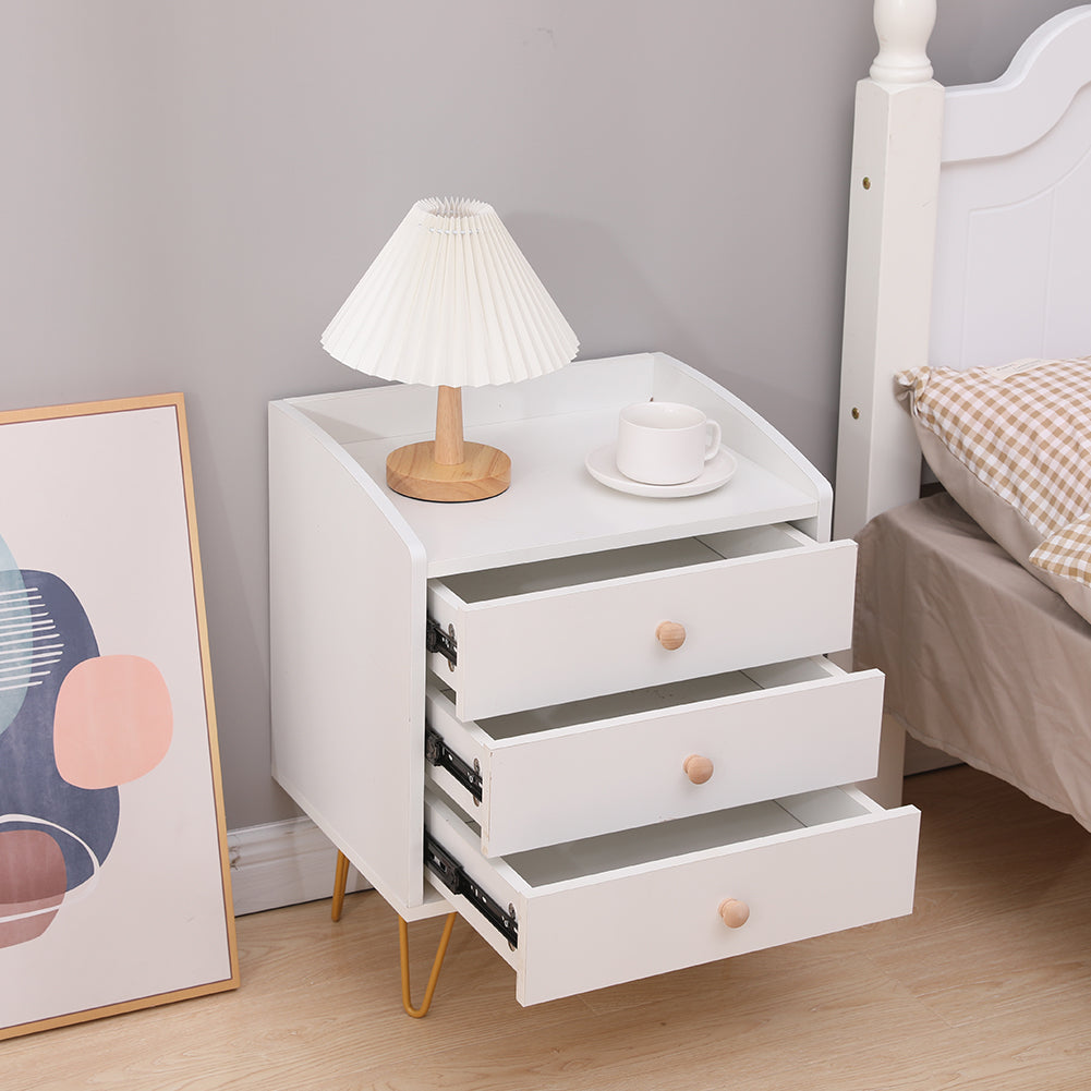 Winston 3 – Drawer Nightstand Bedside Table with Gold Steel Legs Tray Top White
