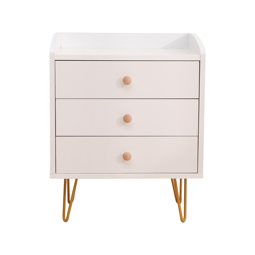 Winston 3 – Drawer Nightstand Bedside Table with Gold Steel Legs Tray Top White
