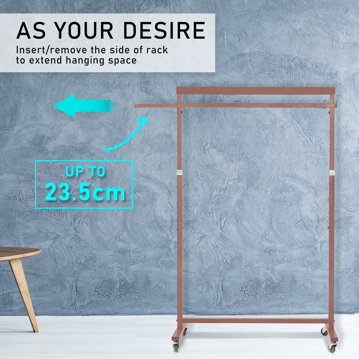 Meoktong Rose Gold Clothes Rack Coat Stand Hanging Adjustable Rollable Steel