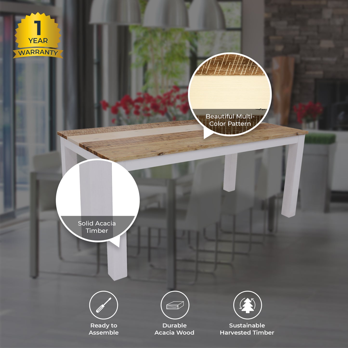 Orville Dining Table 200cm Solid Acacia Wood Home Dinner Furniture - Multi Color