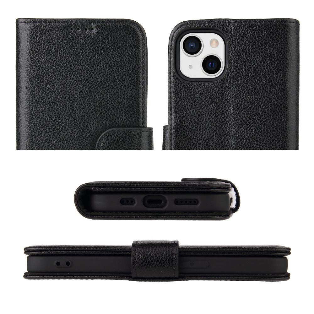 For iPhone 14 Case iCoverLover Black Genuine Cow Leather Wallet Folio Cover