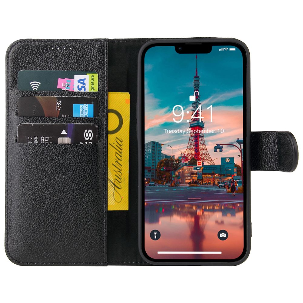For iPhone 14 Case iCoverLover Black Genuine Cow Leather Wallet Folio Cover