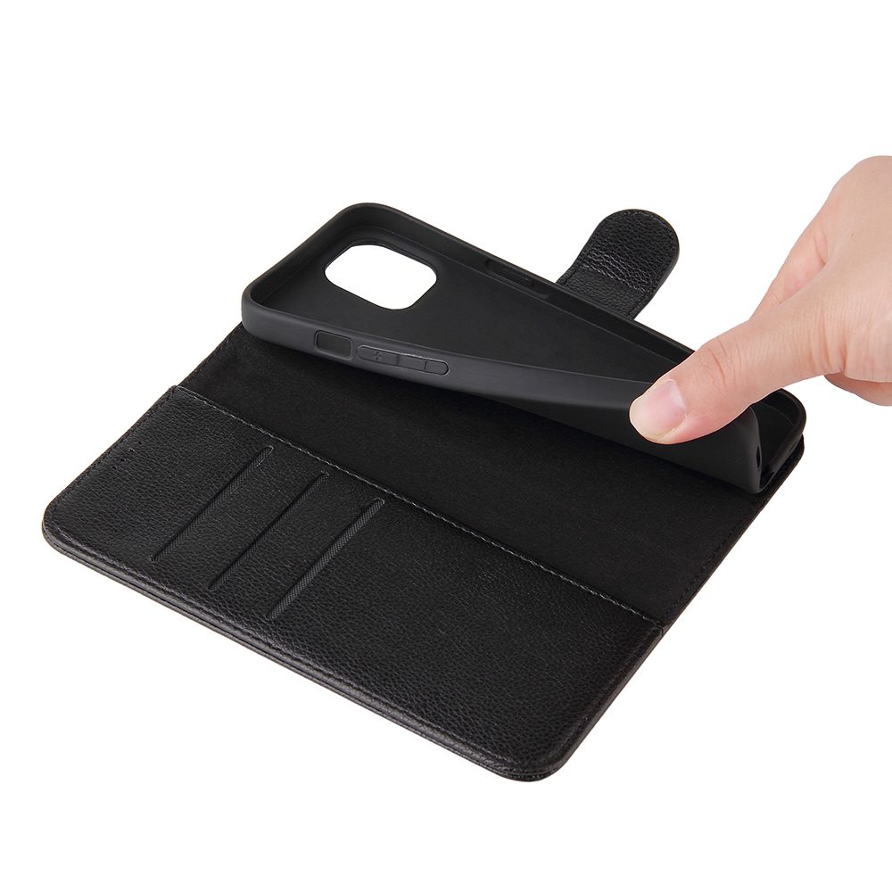 For iPhone 14 Case iCoverLover Black Genuine Cow Leather Wallet Folio Cover