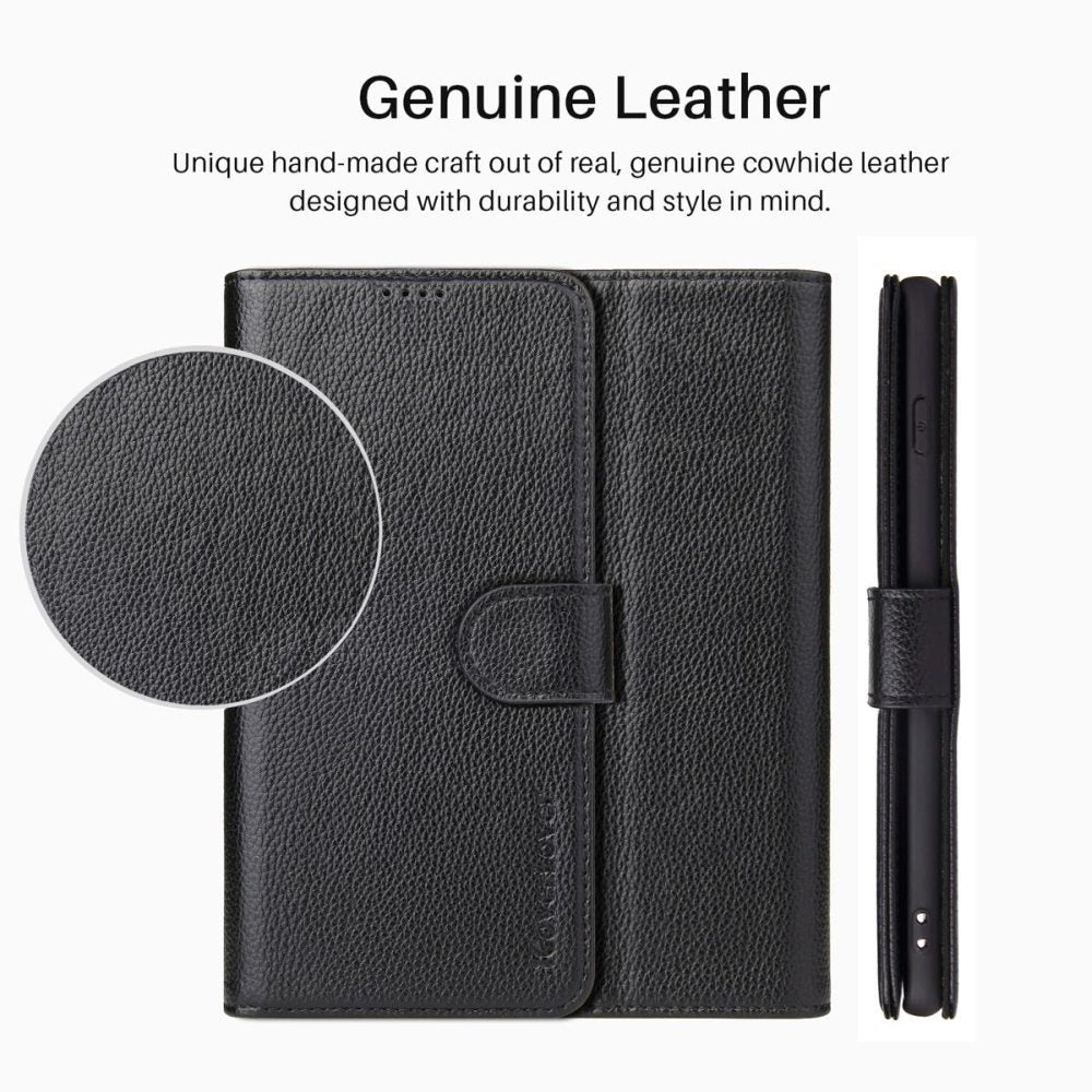 For iPhone 14 Case iCoverLover Black Genuine Cow Leather Wallet Folio Cover