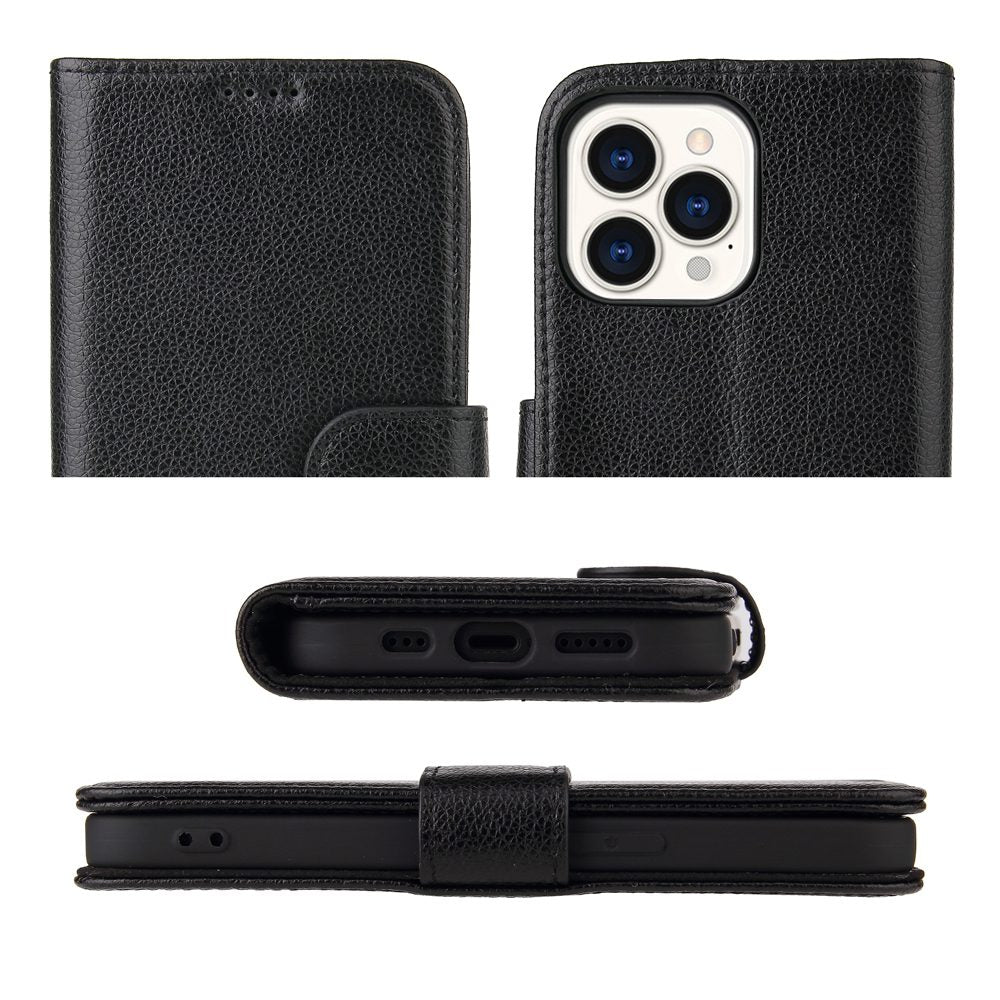 For iPhone 13 Pro Case iCoverLover Black Genuine Cow Leather Wallet Folio Cover