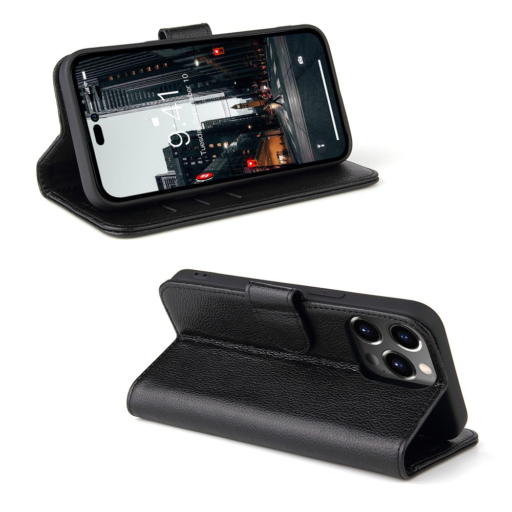 For iPhone 14 Pro Max Case iCoverLover Black Genuine Cow Leather Wallet Folio Cover
