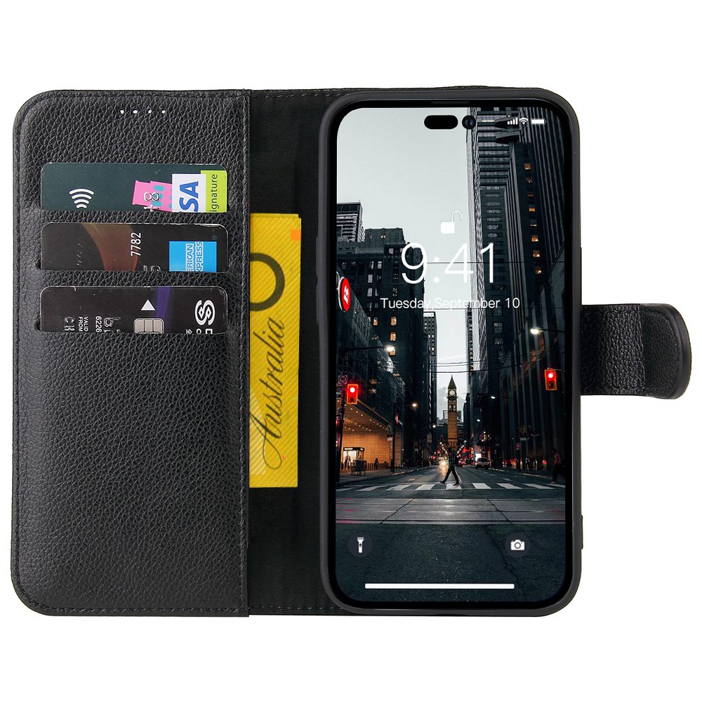 For iPhone 14 Pro Max Case iCoverLover Black Genuine Cow Leather Wallet Folio Cover